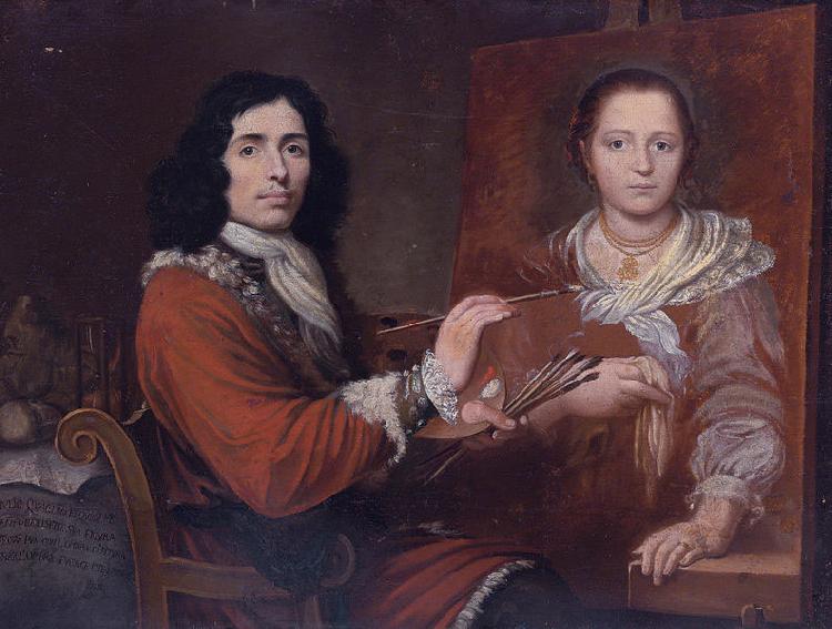 Giulio Quaglio Self Portrait of the Artist Painting his Wife oil painting picture